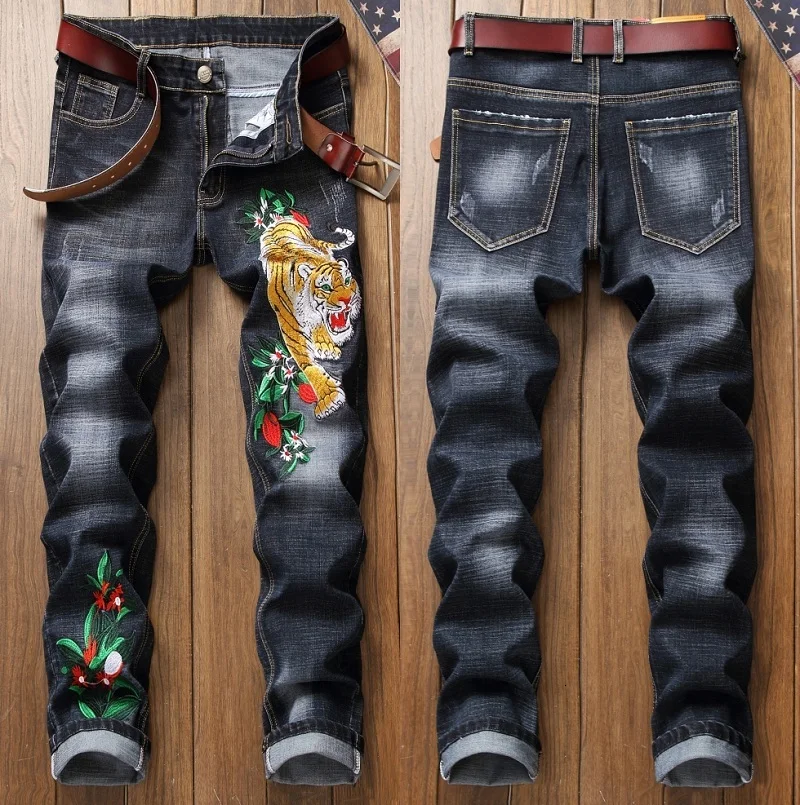 Male hole badge embroidery style denim trousers pants Fashion New Men's Casual Slim Patch Jeans Dropshipping - Цвет: 909