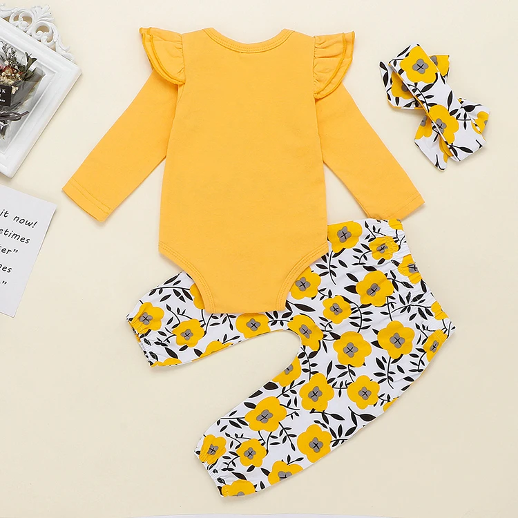Комплект одежды из 3 предметов для новорожденных, одежда с принтом буквы для маленьких девочек, черный топ с длинными рукавами+ штаны+ повязка на голову одежда для малышей