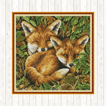 

Two Fox Painting Joy Sunday Counted Cross Stitch Kits 14CT Ptinted Canvas for Embroidery Kit DMC DIY Cross-stitch for Needlework