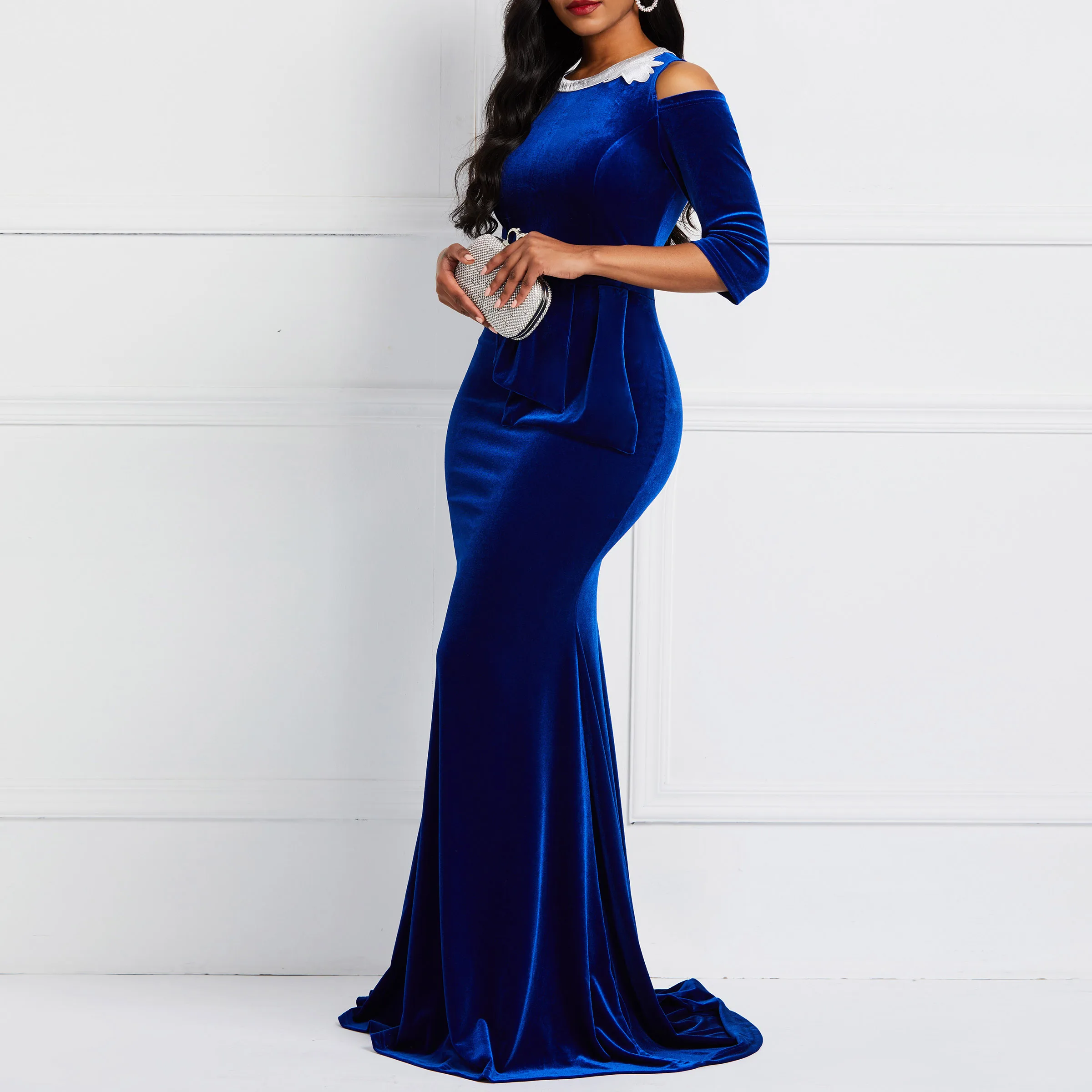 Королевское синее вечернее платье с глубоким вырезом, сексуальное модное платье русалки с рукавами 3/4, вечерние элегантные вечерние платья для девушек - Цвет: Blue