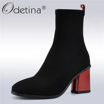 

Odetina Autumn Winter Fashion Sock Boots Women Mixed Color High Heels Lady Ankle Boots Slip On Women Stretch Boots Plus Size 43