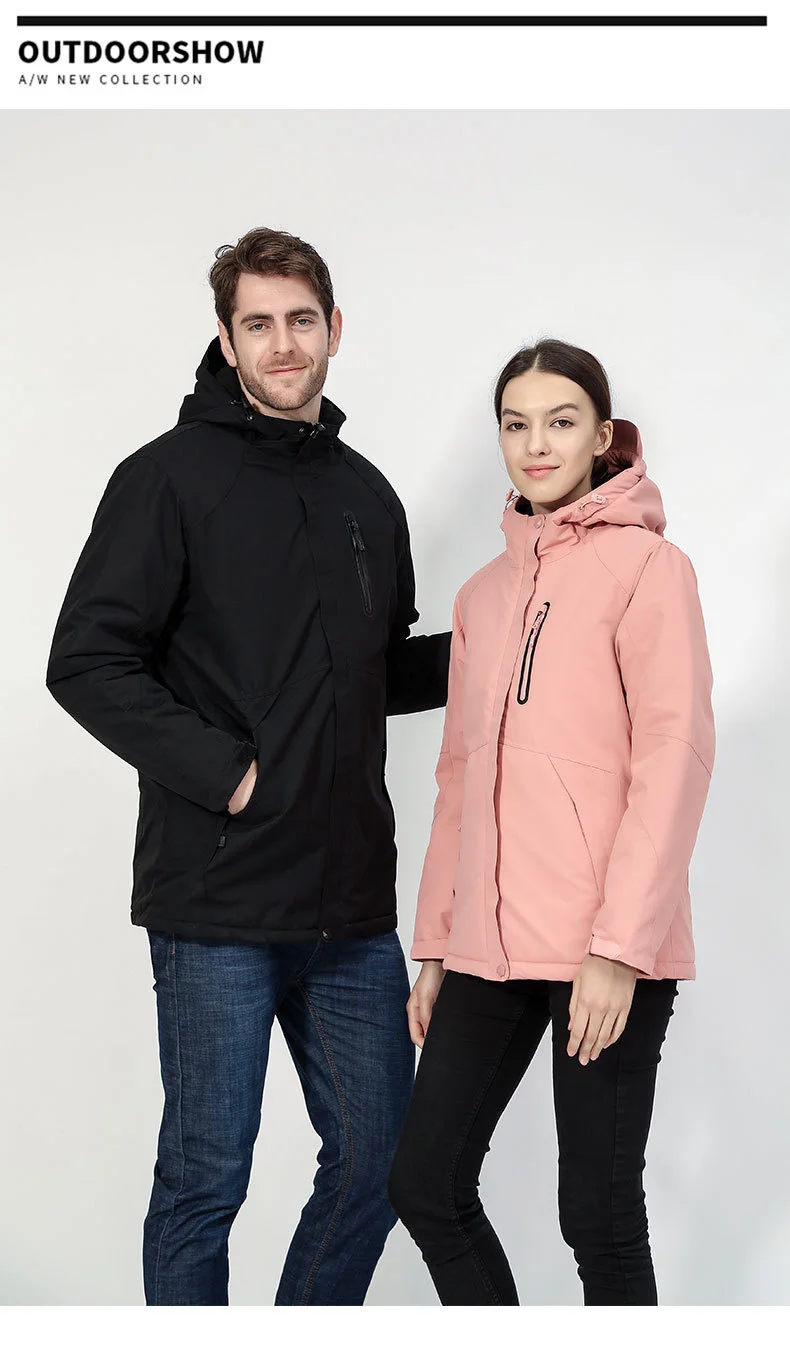 A man and woman posing for a photo in a waterproof pink jacket.