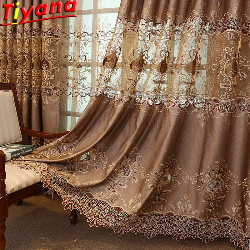 

Luxury Villa Embroidery Curtains Tulle Living Room European Brown Curtains Tulle Geometric Sheer Voile Window Drapes M041#40