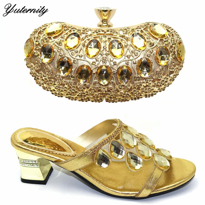 

Yuternity Latest Ladies Gold Shoes And Matching Bags Set Italian Design Rhinestone Pumps Shoes And Bag Set For Wedding Party