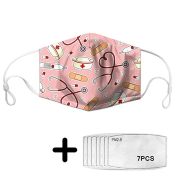 

Nurse Stethoscope Pattern Women Mouth Mask with 7Pcs Filters PM2.5 Breathable Adults Masks Dustproof Elastic Face Mask