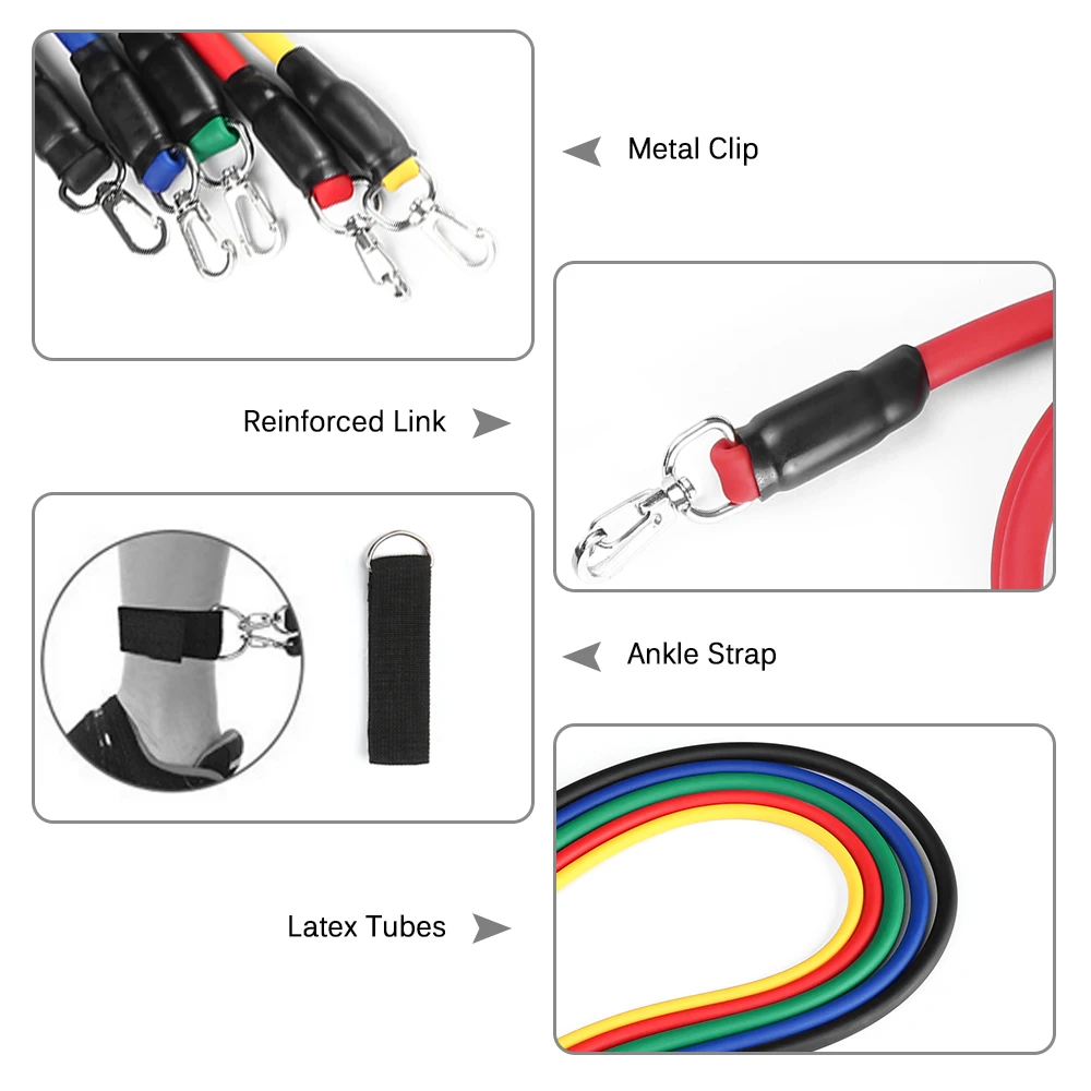 11Pcs Resistance Bands Set Workout Fintess Exercise Tube Bands Ankle Straps Cushioned Handles with Carry Bags