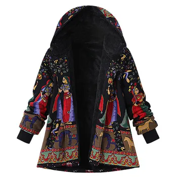 

Womens Winter Warm Outwear Print Hooded Pockets Vintage Oversize Hasp Coats Dropshipping 2020 winter fashion Retro trend si