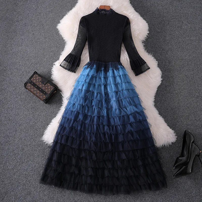 Women fashion autumn winter ruffles dress lace inset falre sleeve fit and flare cute dresses new blue