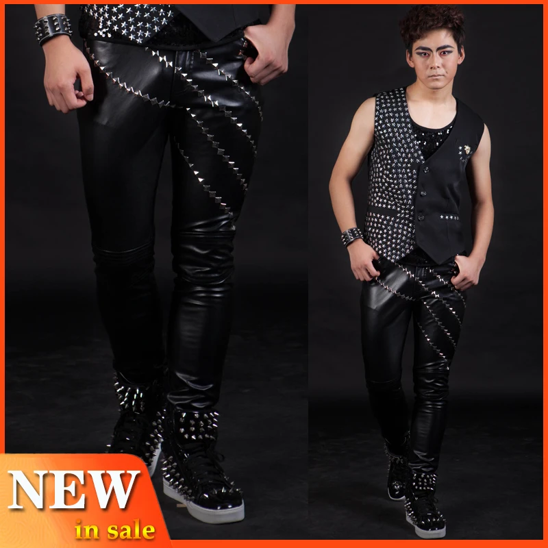 Для ночного клуба, бара, для мужчин, певицы, кожаные штаны, для выступлений, с заклепками, подходят для мужчин, для джазовых танцев, брюки Харли локомотив BL2221
