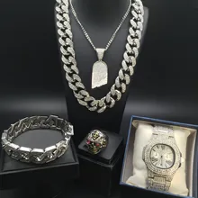 Мужские часы в стиле хип-хоп со льдом, кубинские роскошные серебряные часы, мужские часы+ ожерелье+ часы+ кольцо, мужской ювелирный набор