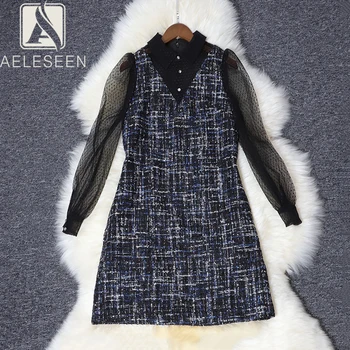 

AELESEEN European Office Lady A-Line Dresses High Quality Woollen Luxury Mesh Lantern Sleeve English Style Plaid Mini Dress