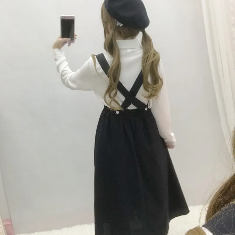 Женский сарафан в японском стиле преппи темно синего цвета с карманами длинное