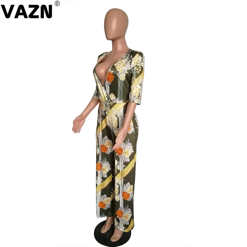 VAZN, новая мода, цветочный сексуальный женский цветной длинный комбинезон, полный рукав, глубокий v-образный вырез, пояс, комбинезон, широкие штаны, шикарные комбинезоны
