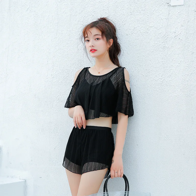 

Conservative Three-piece Set Swimsuit Women's 2019 Cover-up Split Type Students Half-sleeve Shirt New Style Bubble Crew Neck Sma