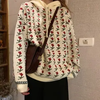 

Autumn flower embroidery loose hooded long sleeve knit sweater