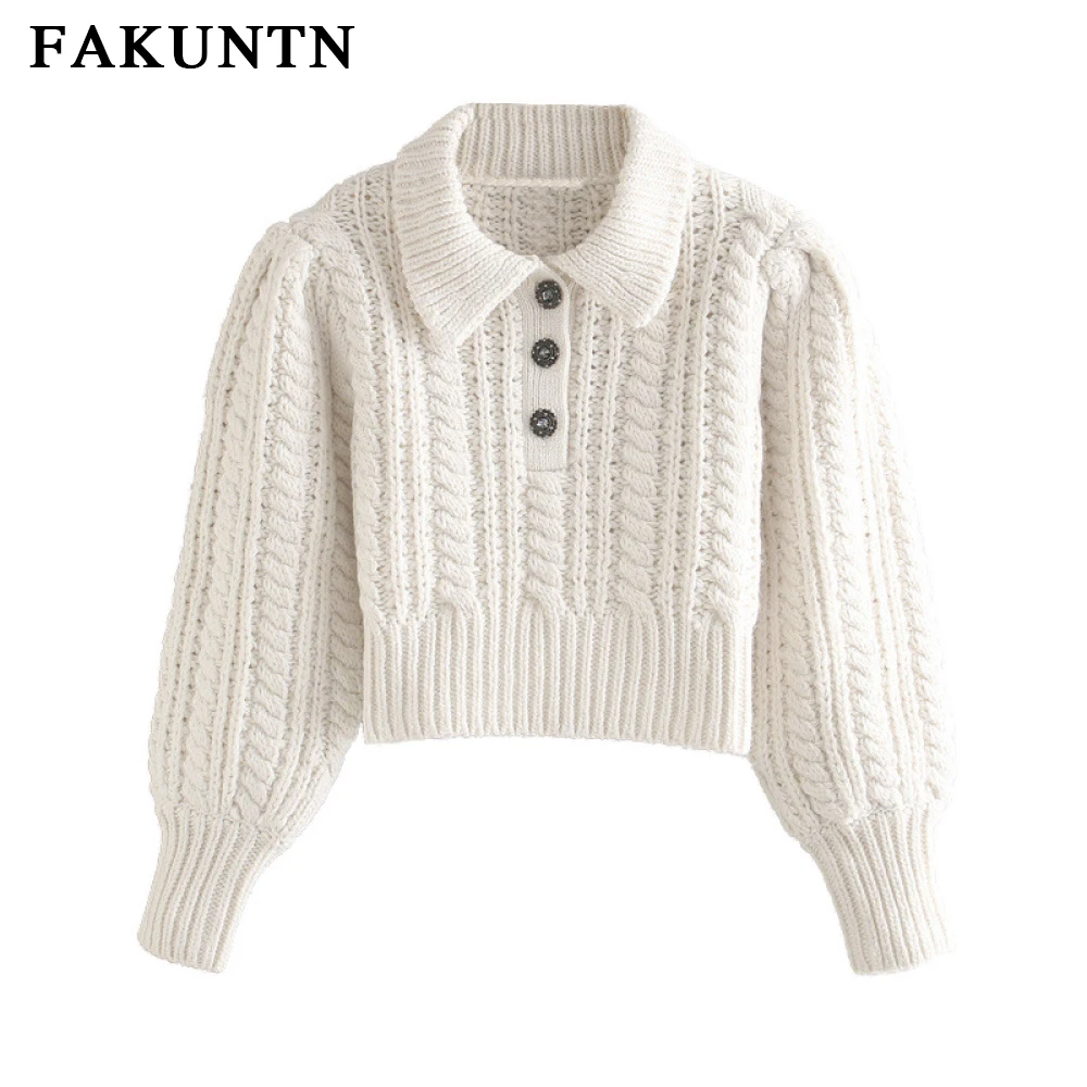 

FAKUNTN Women Kint Sweater Pullover 2021 Fashion Korean Jumper Vintage White Lapel Long Sleeve Knitted Top Sweater Women Clothes
