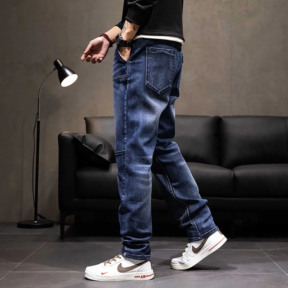 Plus Size Straight Jeans Men Casual Denim Patchwork Trousers Elastic Waist Streetwear Harem Pants Clothing