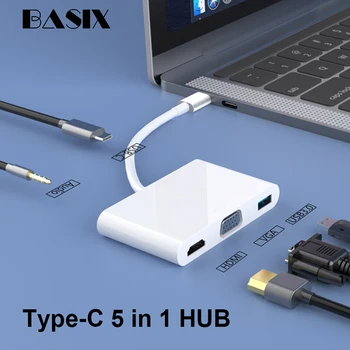

Basix USB Type C Hub to PD Charging HDMI VGA TF/SD Card Reader USB3.0 3.5mm Audio Jack Docking Station for Macbook pro Laptop
