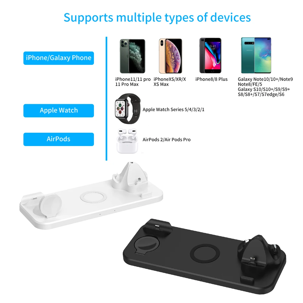 Беспроводное зарядное устройство Qi 6 в 1 для Iphone XS 8 11 Pro Max быстрой зарядки Airpods Apple