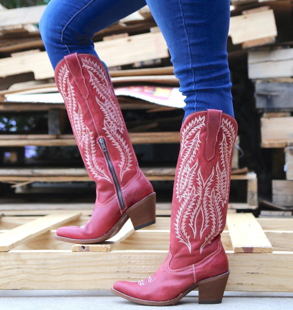 CYSINCOS/Классические ковбойские сапоги с вышивкой для женщин; кожаные женские ковбойские ботинки; обувь на низком каблуке; женские сапоги до колена