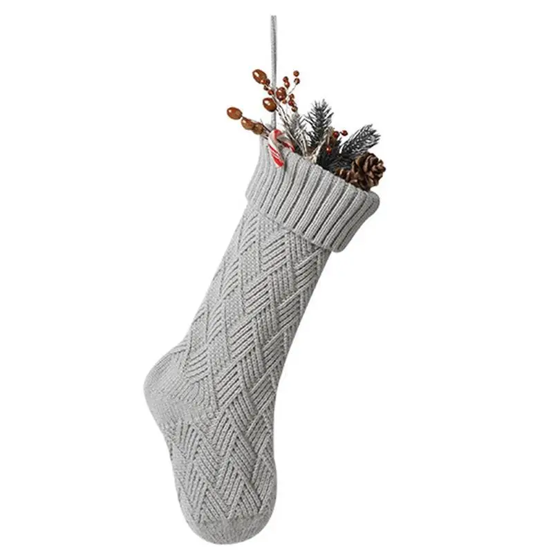 Christmas Xmas Tree Hanging Party Tree Decor Knitting Diamond Pattern Santa Stocking Sock Gift Candy Bags - Цвет: Silver Grey