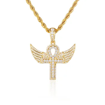 

Hip Hop Cubic Zircon Egypt Ankh Cross Pendant With Angle Wings Pave Cubic Zircon Ice Out Necklace For Men Women Gift