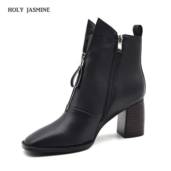 

2020 Fashion Sheep Leather Zipper High Heels Square Toe Short Boots Vintage Elegant Dating Princess Genuine Leather Ankle Boots