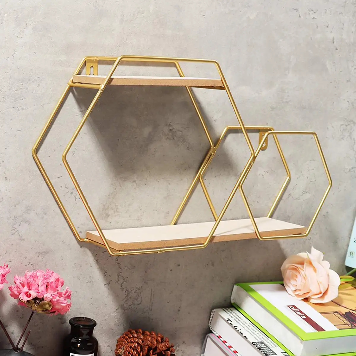 

Iron Metal Wall Shelf Hexagon Geometric Gold Storage Rack Hanging Display Holder for Kitchen Bathroom Home Decoration Shelves