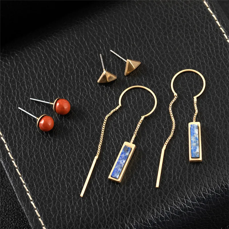 

3Pair Color Bohemian Natural Stone Stud Earrings Pearl Opal Earrings Alloy Copper Chain Natural Stone Multi-pair Ear Nails