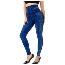 

Women Bead High Elasticity Slim Pants 2021 New Designer Personality Pants Casual Imitation Cowboy Leggings Female Pantalones Pop