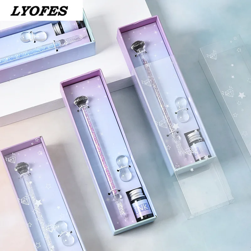 

Crystal glass pen star sakura Blossom dip pen flash powder fountain pen 12 color ink gift box set writing supplies Diamonds pink