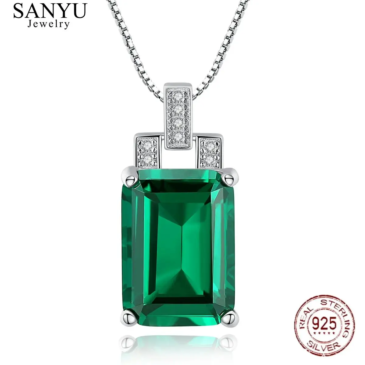 

SANYU Palace Cutting Created Blue Sapphire and Emerald Pendant Necklace for Women 925 Sterling Silver Charms Chain Necklace