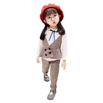 

3pcs Toddler Baby Kids Girls Outfits Cotton Top T-shirt+Plaid Vest+Trousers Set Long Sleeves Autumn Clothes Outfits Sets 1-5T