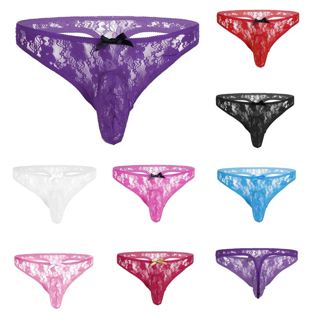Men's Sexy Lingerie Floral Lace Semi See-through Briefs T-back Underwear Porno Sex Underpant Bowknot Erotic Baby Doll Lenceria