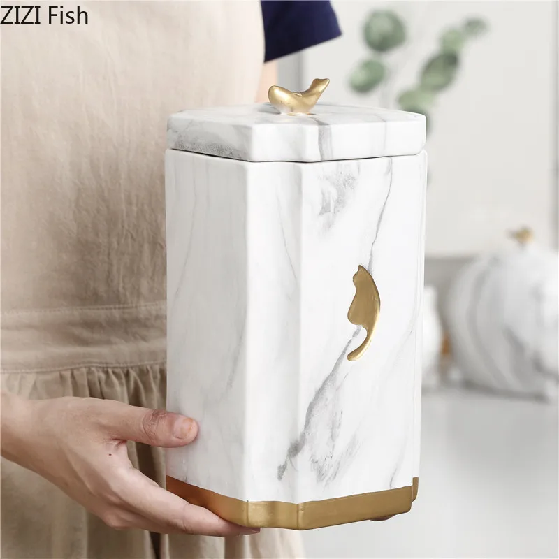 Imitation Marble Sealed Ceramic Storage Jar for Spices Tea Coffee Can Tank Food Container Bottle with Lid for Kitchen Organizer