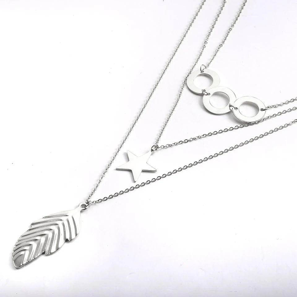 Statement Pendant Necklace Women Accesories Leaves Stars Stainless Steel Jewelry Gold Chain Long Multilayer Layered Necklace