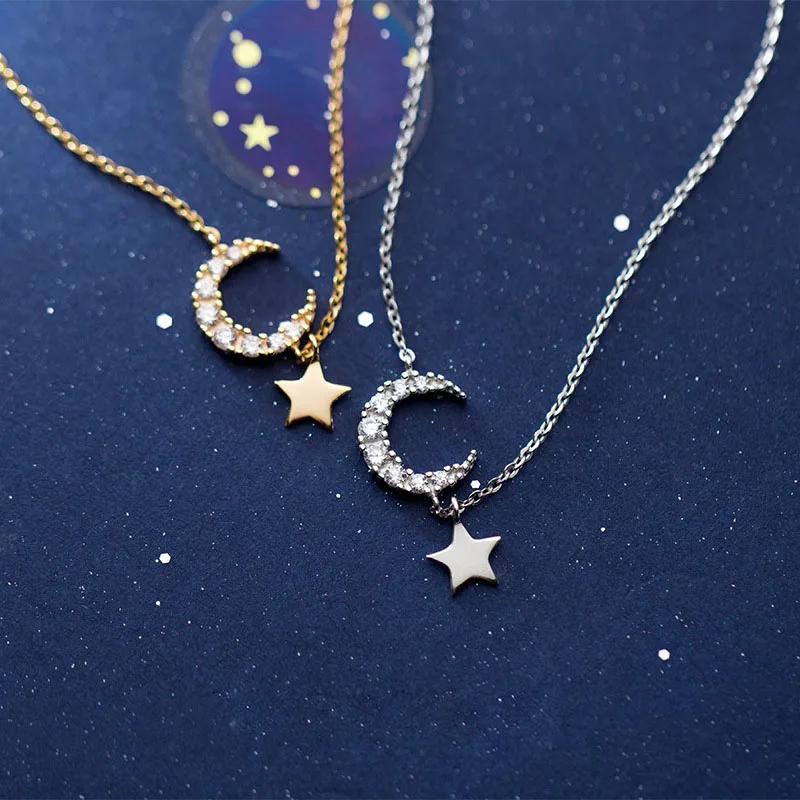 

925 Sterling Silver Rhinestone Moon Star Pendant Necklaces Gold Chain Necklaces For Woman Jewelry