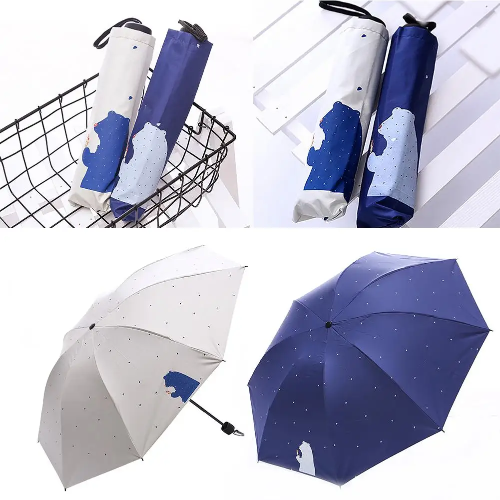 

8 Skeletons non-slip handle Cartoon Bear Dots Pattern Durable Rubber Cloth Women 3 Folding Summer Anti-UV Sun Rain Mini Umbrella