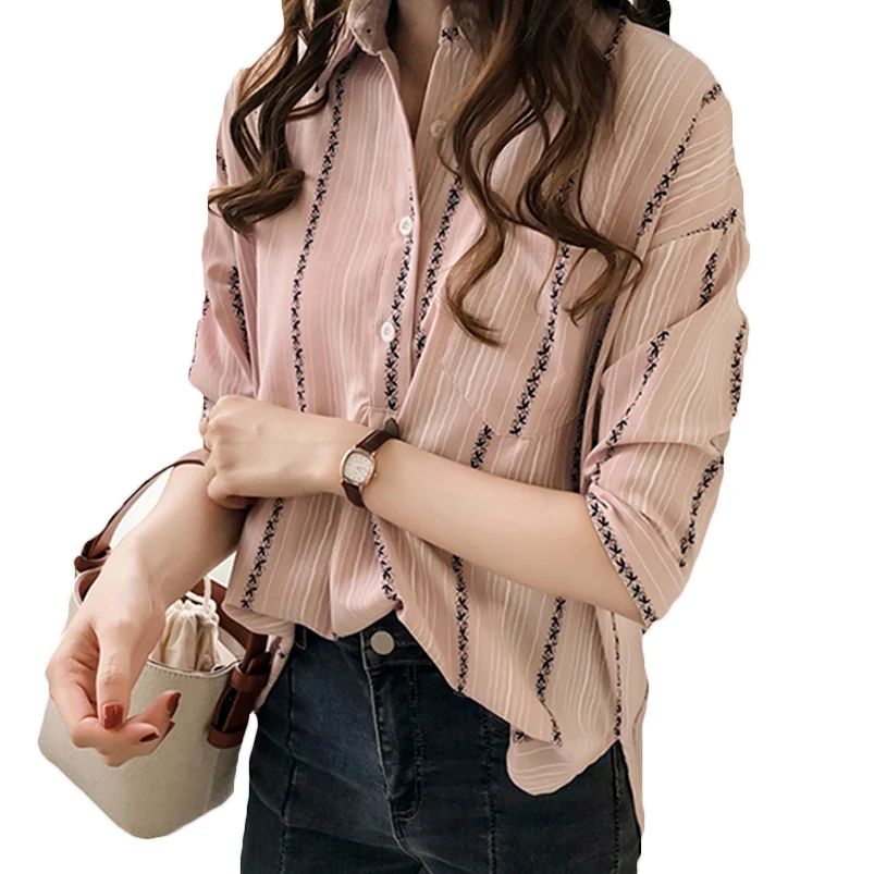 Fashion Loose Plus Size Women's Spring Summer Blouse 2021 New Korean Striped Shirt 228A | Женская одежда