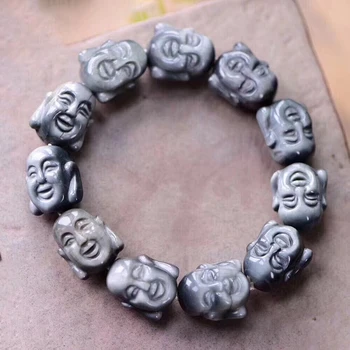 

Fine Silver-grey Obsidian Natural Stone Bracelets Carved Laughing Buddha head Beads Bracelet Lucky for Women Men Fashion Jewelry