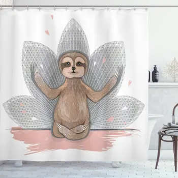 

Sloth Shower Curtain Little Sloth Meditation Lotus Flower Yoga Asana Positions Motivational Fun Bathroom Decor Set with Hooks 75