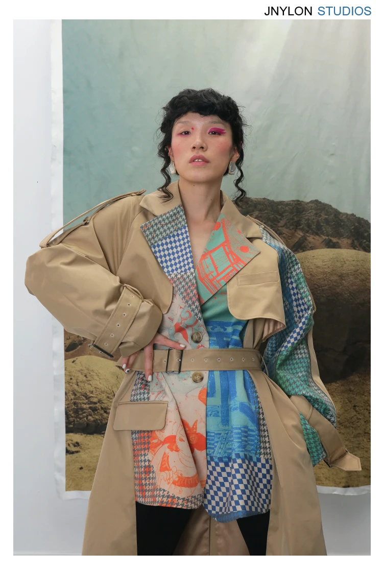 DEAT Autumn And Winte Turn-down Collar Patchwork Printed Maps Batwing Sleeves Waist Belt Female Trench Coat Loose WJ27004L