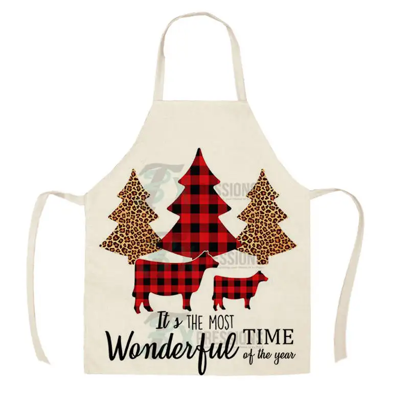 Merry Christmas Car Tree Red Plaid Kitchen Aprons for Woman Man Home Cooking Baking Shop Cleaning Cotton Linen Apron WQi856