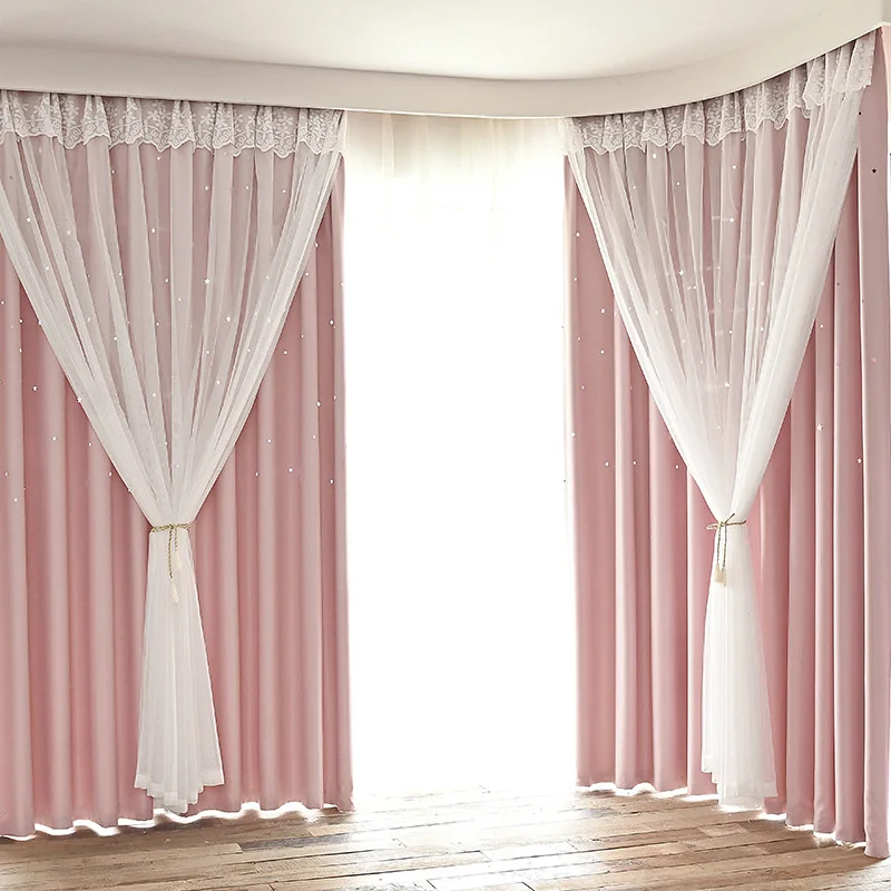 Fashion korean style pink hollow star kids curtains double layer black out window curtains for living room decorative - Цвет: Pink