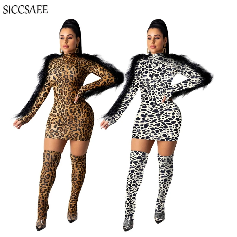 

2020 Spring Leopard Printed Bandage Bodycon Dress Mini Long Sleeve Feathers Patchwork Turtleneck Sexy Club Dresses For Women