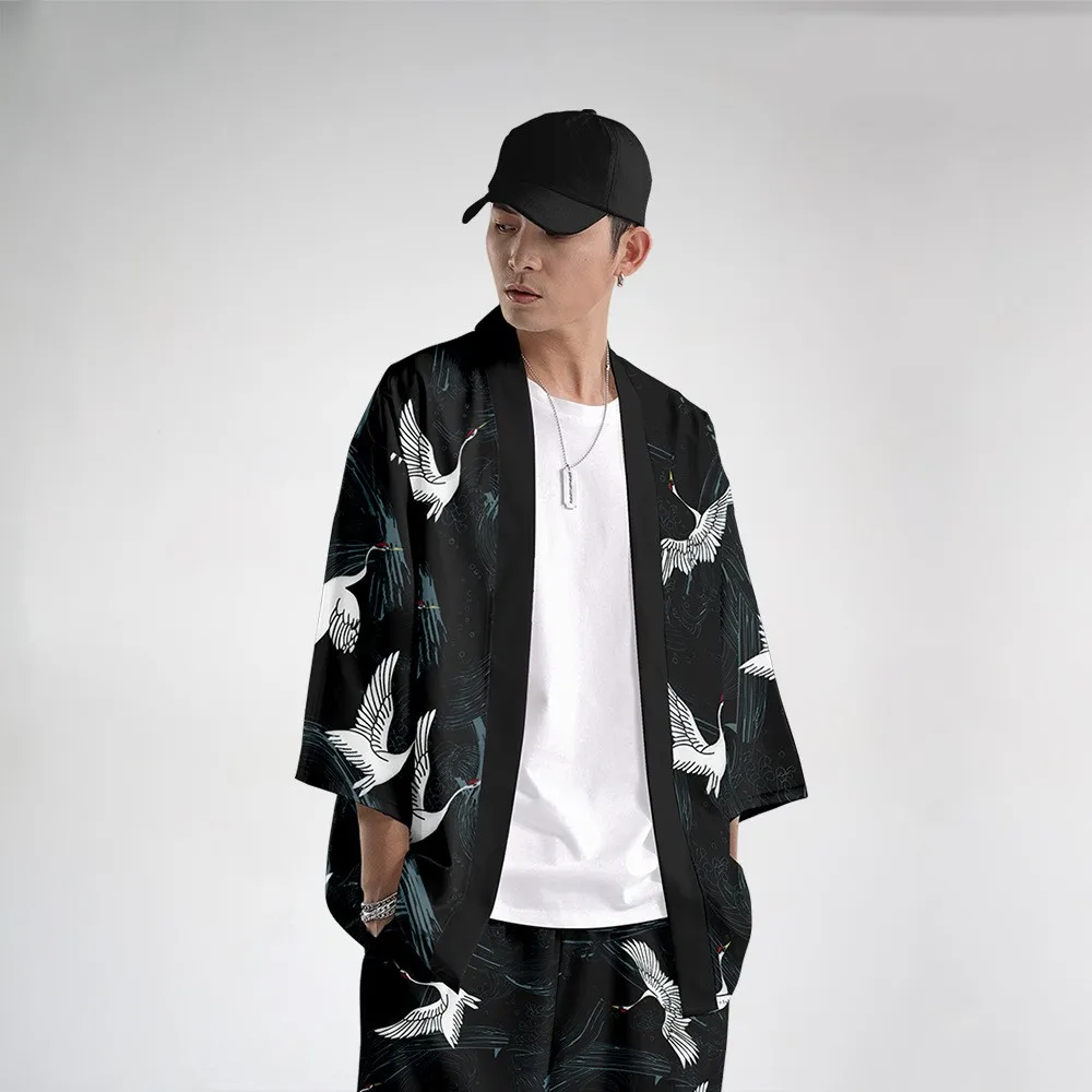 Oversize 6XL Men Kimono Cardigan Trousers Suit Japanese Print Crane Yukata Robe Set Novelty Jacket Chinese Style Tang Suit Men Kimono Set
