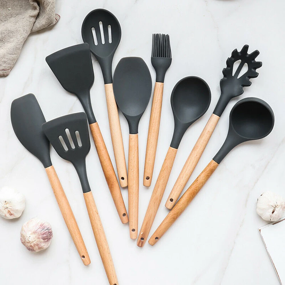 Multiple Style Wooden Handle Silicone Spatula Soup Spoon Fork Colander Shovel Cooking Utensils Kitchen Tool Suit Exquisite | Дом и сад