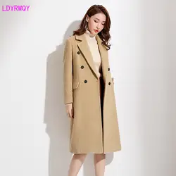 2019 осеннее и зимнее Новое корейское модное женское одноцветное двубортное шерстяное пальто с длинными рукавами и лацканами