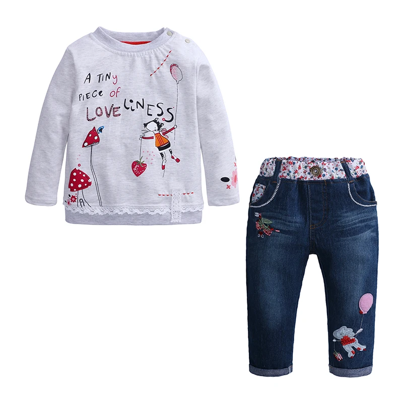 

Vigarelyan Girls 2pcs Set Sweet Foral Sweater and Jeans Suit Pure Cotton Children Clothing Embroidery Pattern Girl Suit New Year