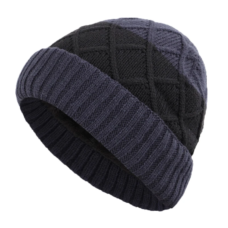 Тёмно-синий Зимняя уличная теплая вязаная бархатная Мужская прошитая зимняя шапка модная трендовая мужская шапка тюрбан шапочки - Цвет: Тёмно-синий